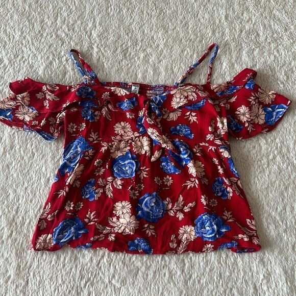 American Rag red floral off shoulder ruffle top size small - Picture 7 of 16